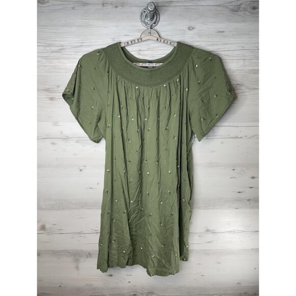 Old Navy Dress Womens 4X Green Olive Floral Embroidered Short Sleeve Boho Tunic - Picture 1 of 9